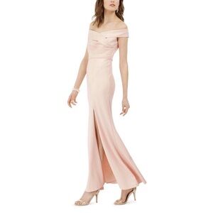 Adrianna Papell Knit Crepe Gown Off Shoulder High Slit Blush Pink Size 10‎